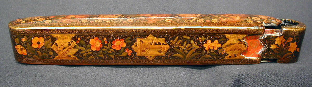 Pen Box with Architectural Cartouches, 'Ali Ashraf (Iranian), Papier-maché; painted, sprinkled with mica, and lacquered