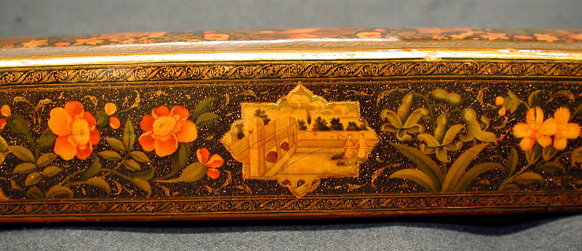 Pen Box with Architectural Cartouches, 'Ali Ashraf (Iranian), Papier-maché; painted, sprinkled with mica, and lacquered
