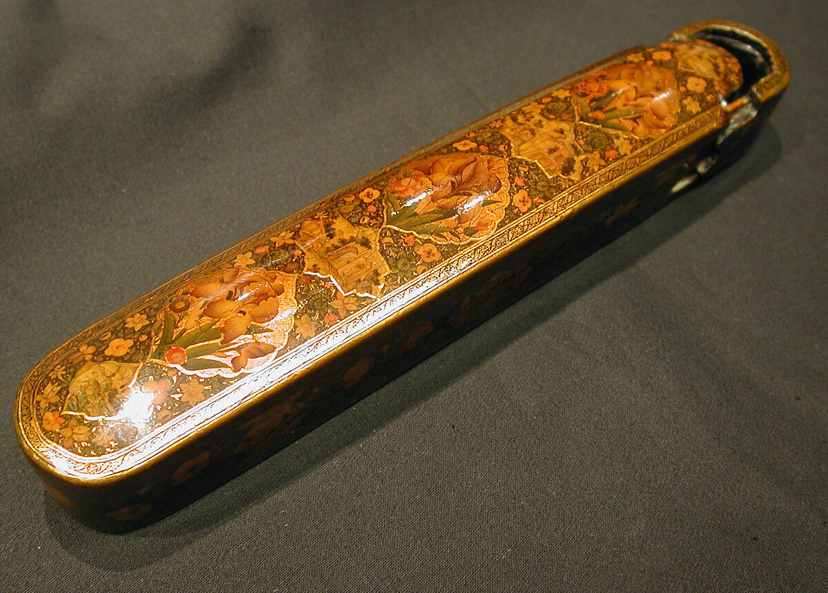 Pen Box with Architectural Cartouches, 'Ali Ashraf (Iranian), Papier-maché; painted, sprinkled with mica, and lacquered