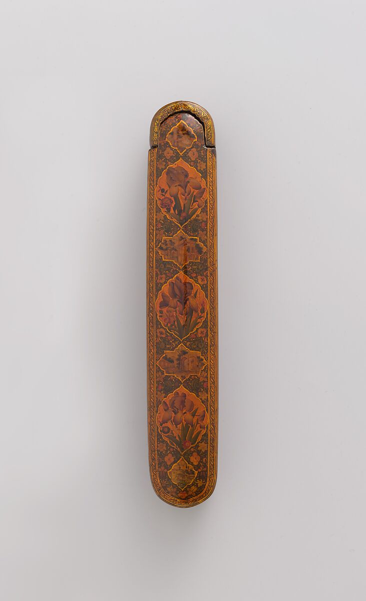 Pen Box with Architectural Cartouches, 'Ali Ashraf (Iranian), Papier-maché; painted, sprinkled with mica, and lacquered