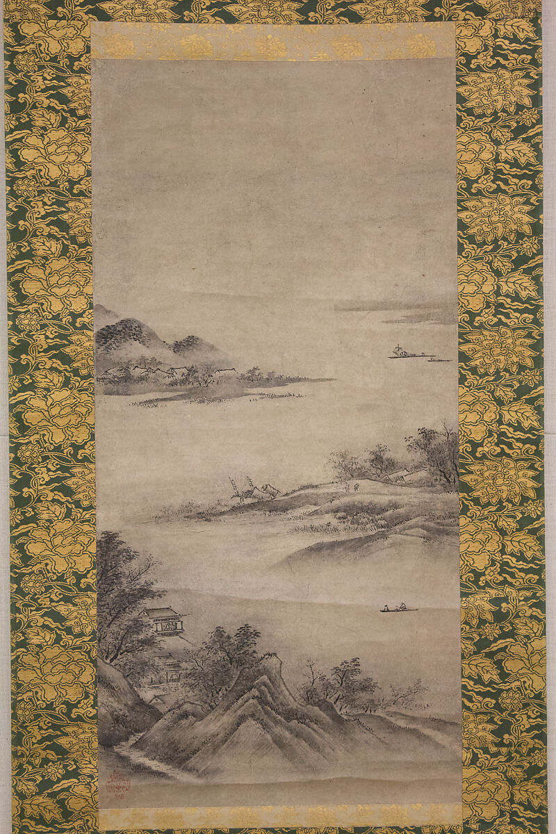 River Landscape in Evening, Seal of Kano Motonobu (Japanese, 1477–1559), Hanging scroll; ink on paper, Japan 