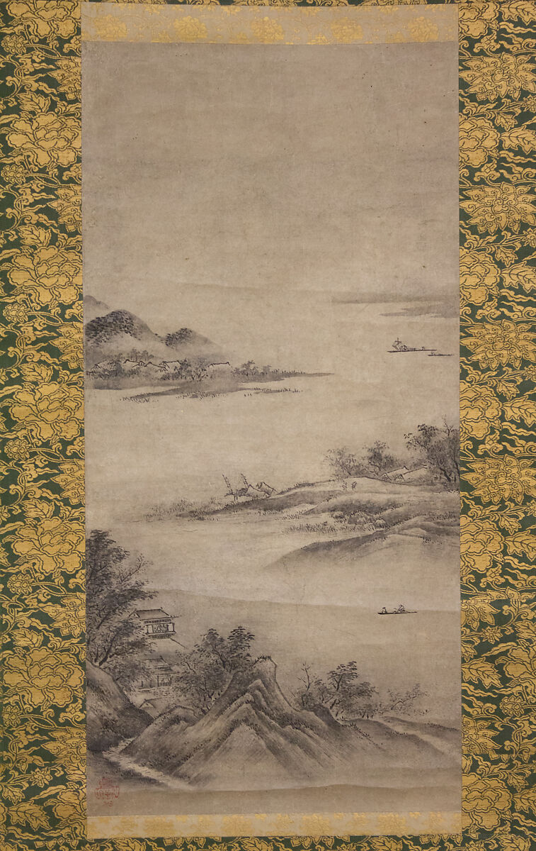 River Landscape in Evening, Seal of Kano Motonobu (Japanese, 1477–1559), Hanging scroll; ink on paper, Japan