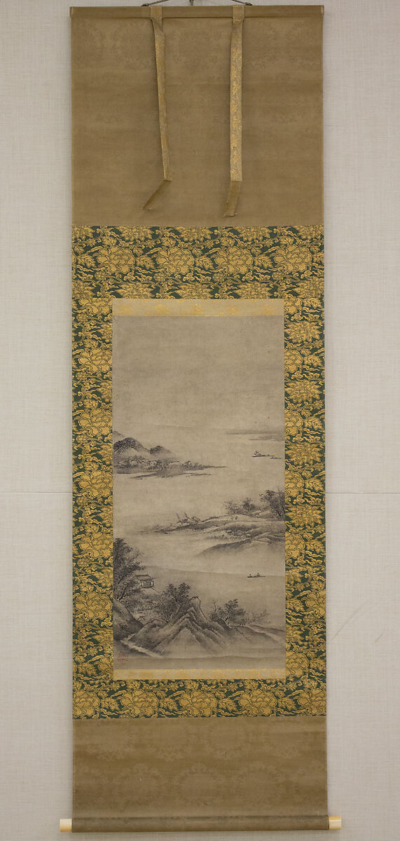 River Landscape in Evening, Seal of Kano Motonobu (Japanese, 1477–1559), Hanging scroll; ink on paper, Japan