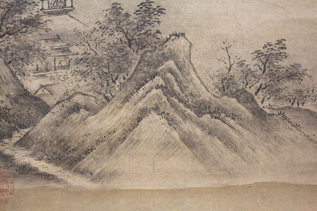 River Landscape in Evening, Seal of Kano Motonobu (Japanese, 1477–1559), Hanging scroll; ink on paper, Japan