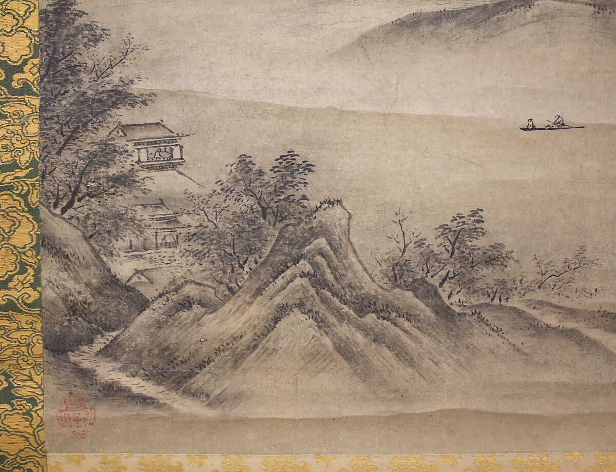 River Landscape in Evening, Seal of Kano Motonobu (Japanese, 1477–1559), Hanging scroll; ink on paper, Japan