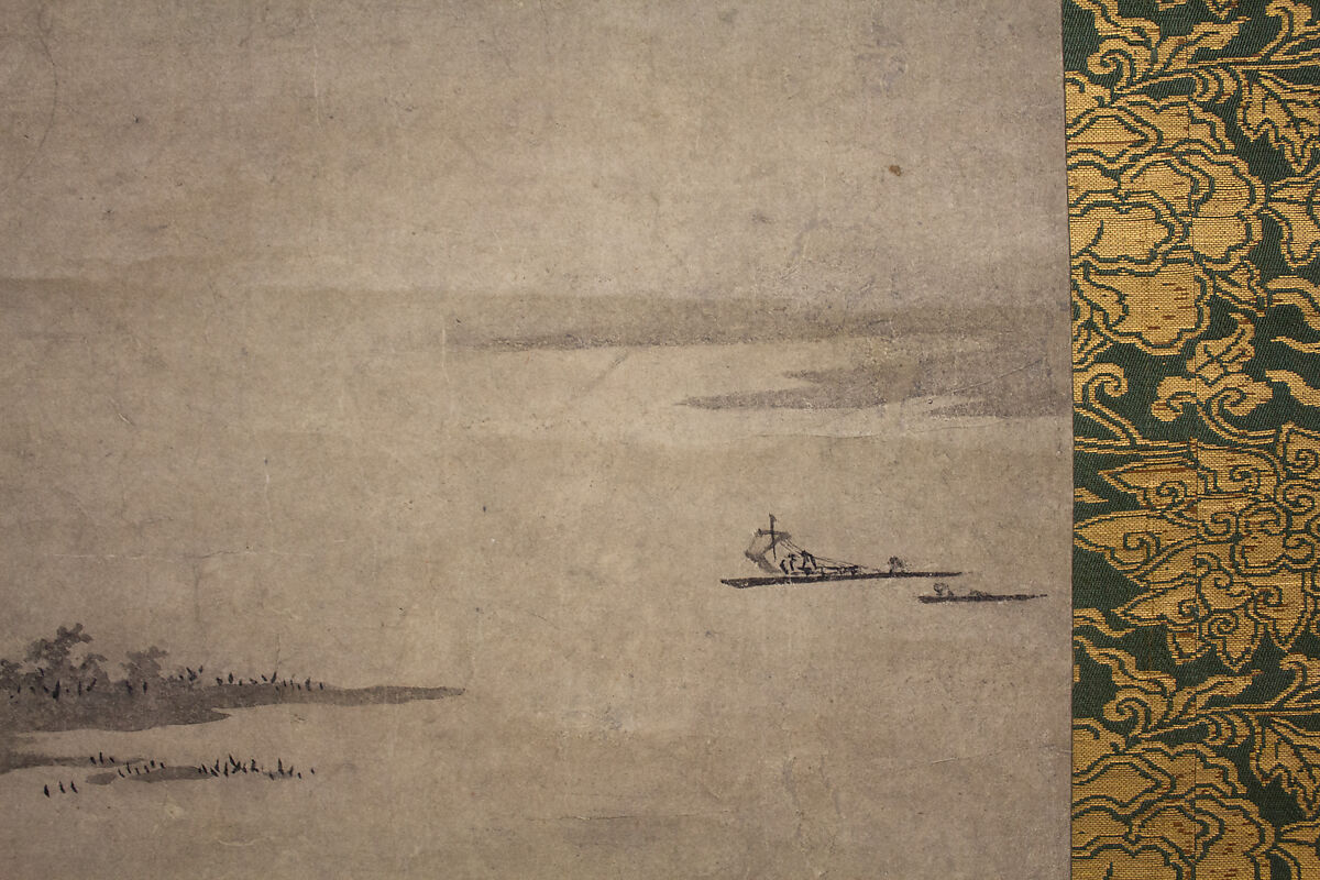 River Landscape in Evening, Seal of Kano Motonobu (Japanese, 1477–1559), Hanging scroll; ink on paper, Japan