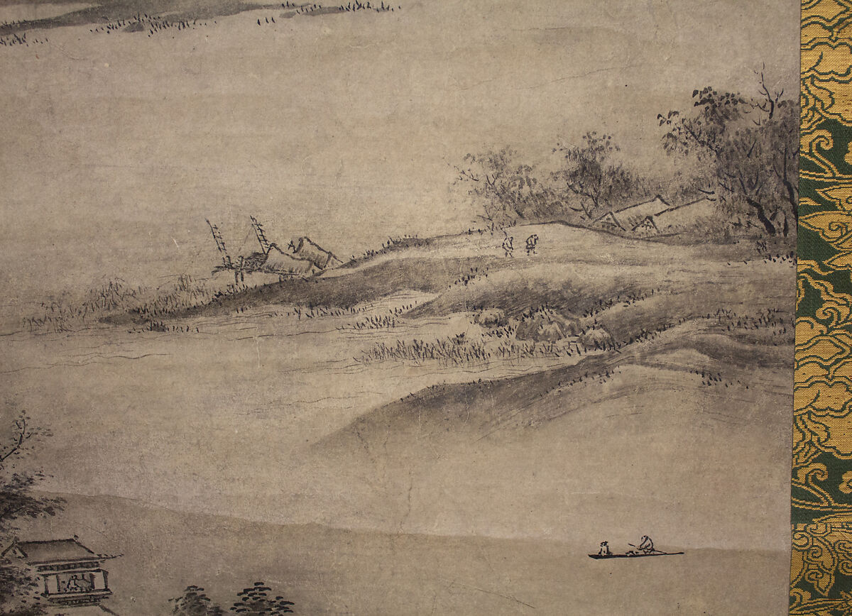 River Landscape in Evening, Seal of Kano Motonobu (Japanese, 1477–1559), Hanging scroll; ink on paper, Japan