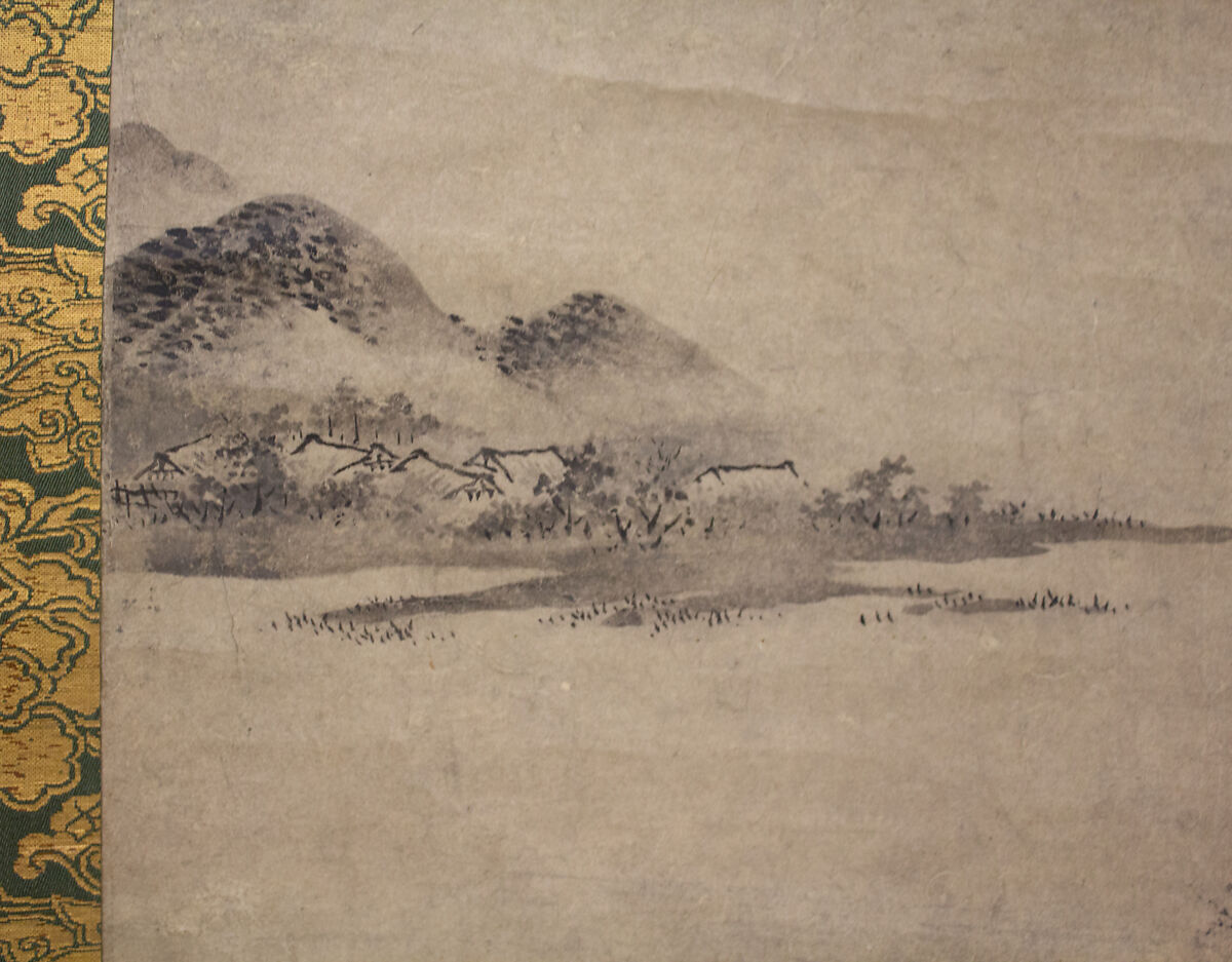 River Landscape in Evening, Seal of Kano Motonobu (Japanese, 1477–1559), Hanging scroll; ink on paper, Japan