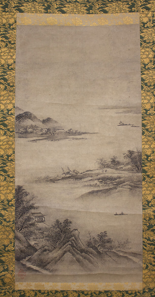 River Landscape in Evening, Seal of Kano Motonobu (Japanese, 1477–1559), Hanging scroll; ink on paper, Japan