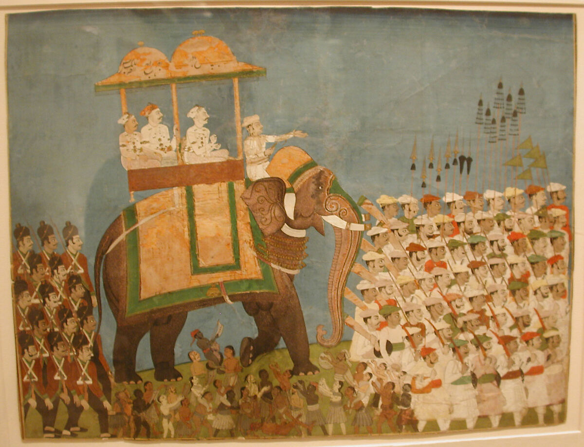 Three Noblemen in Procession on an Elephant, Painting by Venkatchellum (Indian, active 1780s–90s), Opaque watercolor and gold on paper