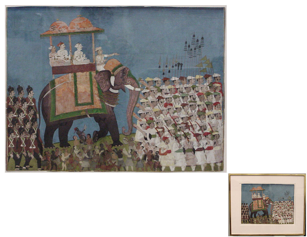Three Noblemen in Procession on an Elephant, Painting by Venkatchellum (Indian, active 1780s–90s), Opaque watercolor and gold on paper
