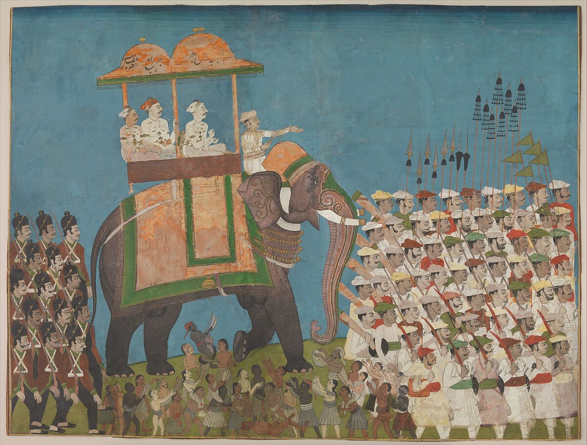 Three Noblemen in Procession on an Elephant, Painting by Venkatchellum (Indian, active 1780s–90s), Opaque watercolor and gold on paper 