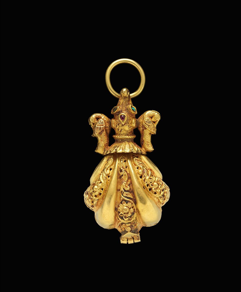 Locket Pendant, Possibly a Pomander, in Shape of Shell with Animal-Headed Cap Flanked by a Small Bird on Sides, Gold; cast, embossed and engraved, inlayed with turquoise and ruby 