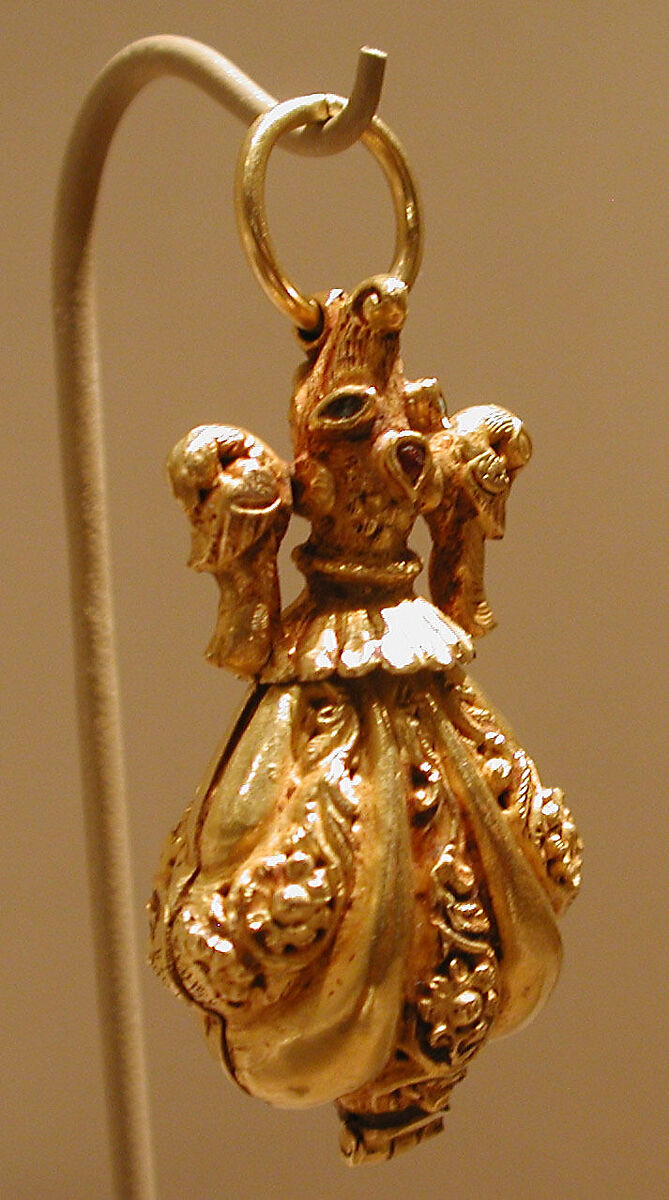 Locket Pendant, Possibly a Pomander, in Shape of Shell with Animal-Headed Cap Flanked by a Small Bird on Sides, Gold; cast, embossed and engraved, inlayed with turquoise and ruby