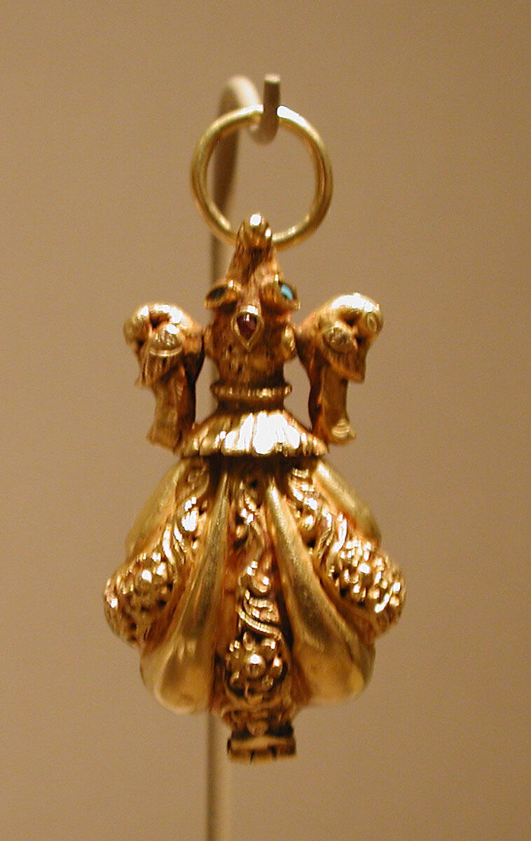Locket Pendant, Possibly a Pomander, in Shape of Shell with Animal-Headed Cap Flanked by a Small Bird on Sides, Gold; cast, embossed and engraved, inlayed with turquoise and ruby