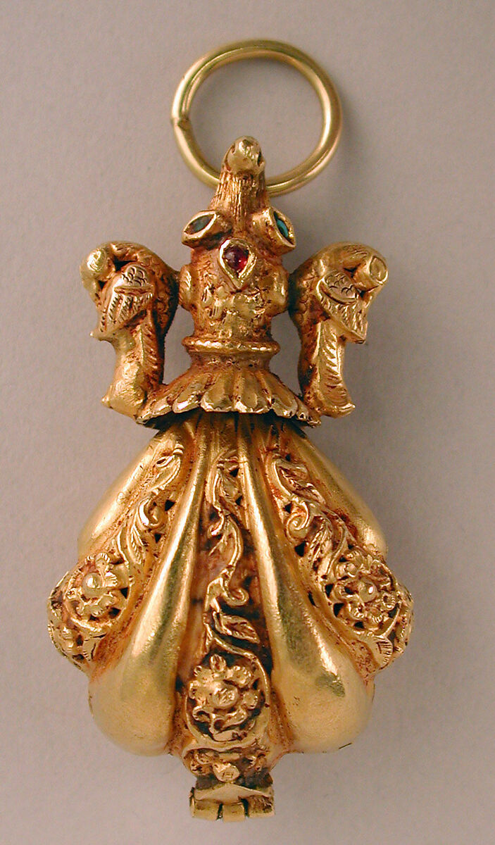 Locket Pendant, Possibly a Pomander, in Shape of Shell with Animal-Headed Cap Flanked by a Small Bird on Sides, Gold; cast, embossed and engraved, inlayed with turquoise and ruby