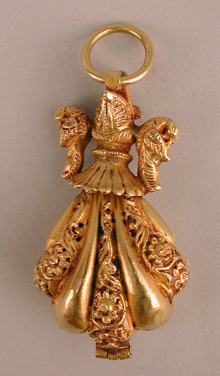 Locket Pendant, Possibly a Pomander, in Shape of Shell with Animal-Headed Cap Flanked by a Small Bird on Sides, Gold; cast, embossed and engraved, inlayed with turquoise and ruby