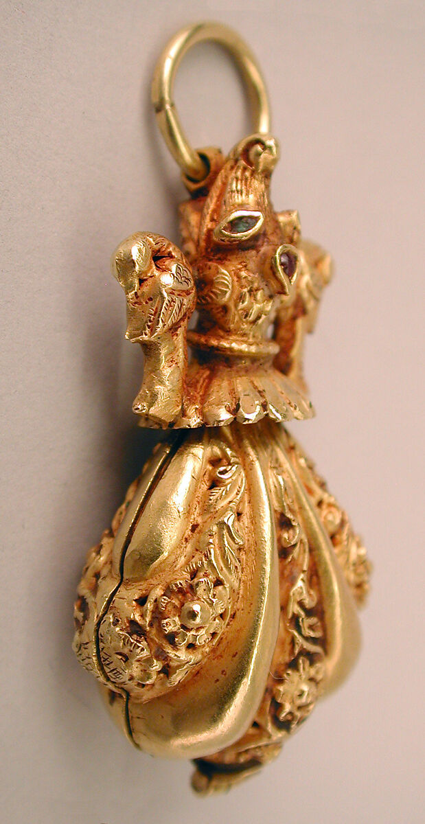 Locket Pendant, Possibly a Pomander, in Shape of Shell with Animal-Headed Cap Flanked by a Small Bird on Sides, Gold; cast, embossed and engraved, inlayed with turquoise and ruby
