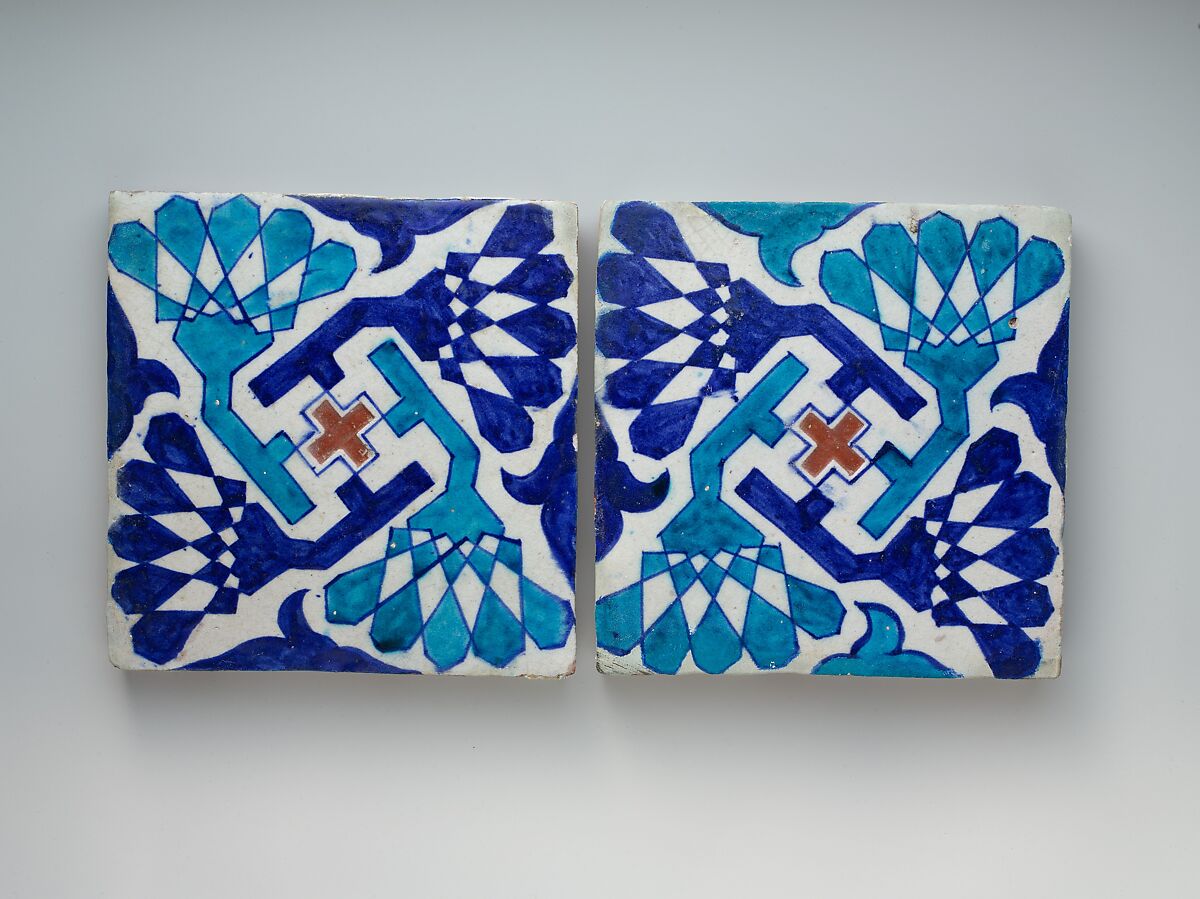 Tile, Stonepaste; polychrome painted under transparent glaze 