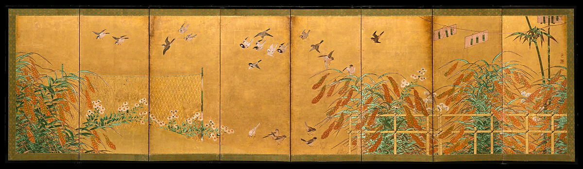 Autumn Millet and Small Birds, Attributed to Kano Sanraku (Japanese, 1559–1635), Pair of eight-panel foldingscreens; ink, color, and gold on gilt paper, Japan 