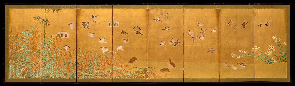 Autumn Millet and Small Birds, Attributed to Kano Sanraku (Japanese, 1559–1635), Pair of eight-panel foldingscreens; ink, color, and gold on gilt paper, Japan