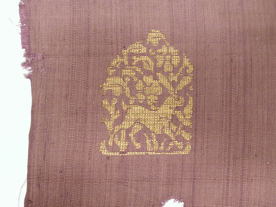 Textile fragment with hares, Warp-faced plain weave silk brocaded with gilt leather strips, China