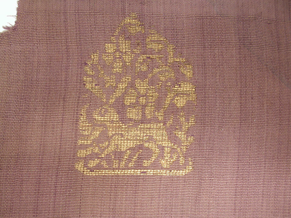 Textile fragment with hares, Warp-faced plain weave silk brocaded with gilt leather strips, China