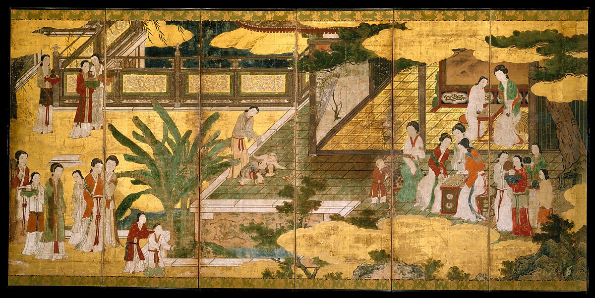 Chinese Women and Children in a Palace Garden, Kano Eitoku  Japanese, Six-panel folding screen; ink, color, gold, and gold leaf on paper, Japan