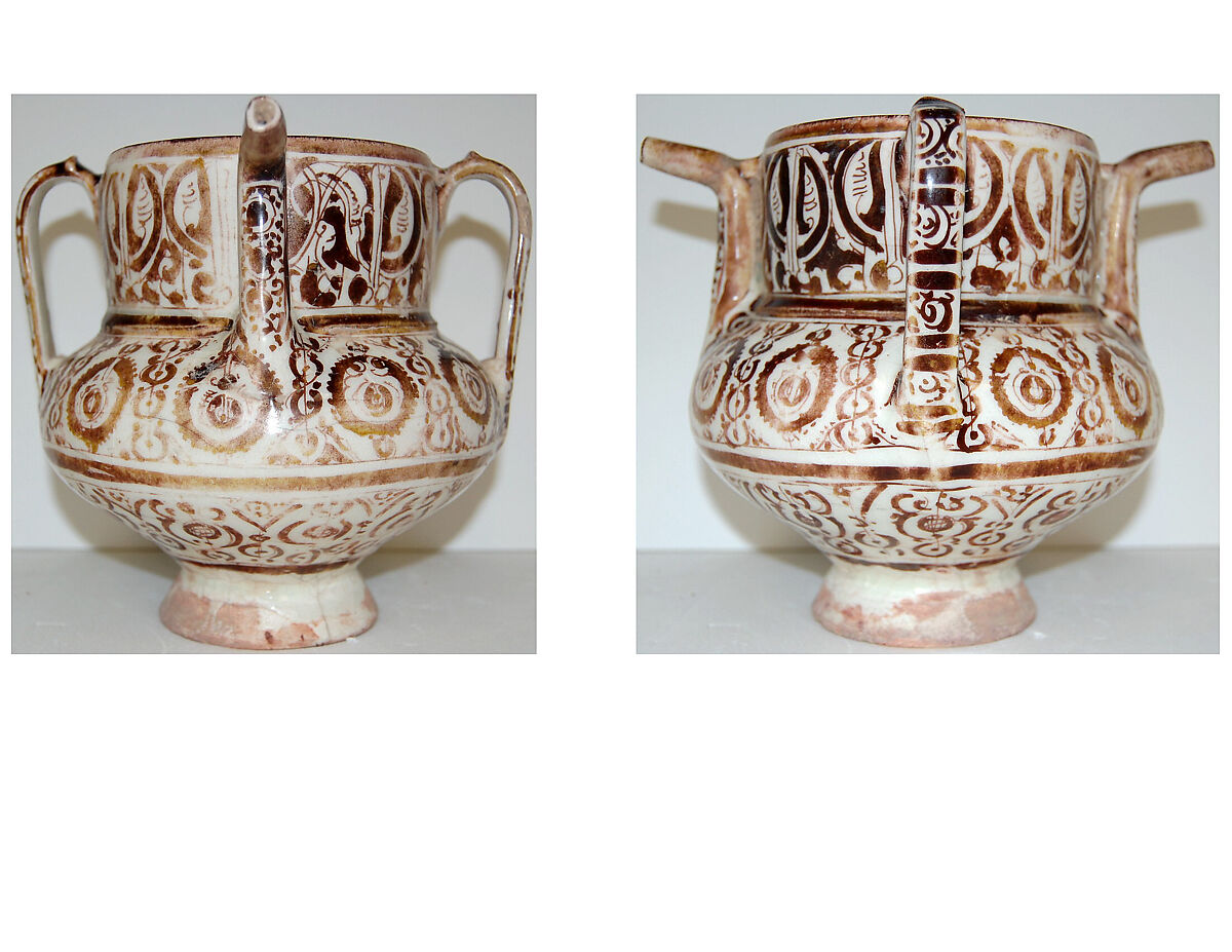 Two-Spouted Vessel with a Lid, Stonepaste; luster-painted on opaque white glaze