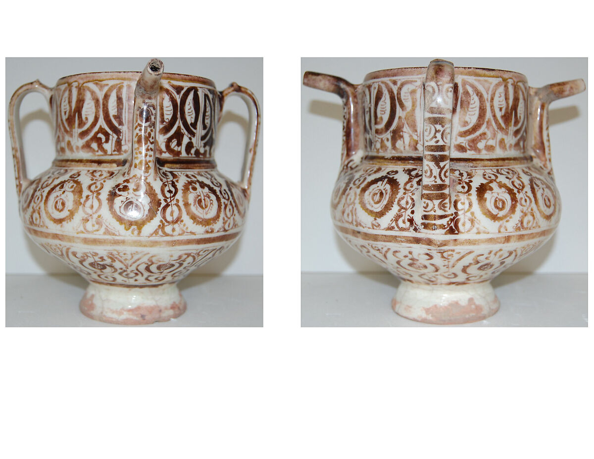 Two-Spouted Vessel with a Lid, Stonepaste; luster-painted on opaque white glaze