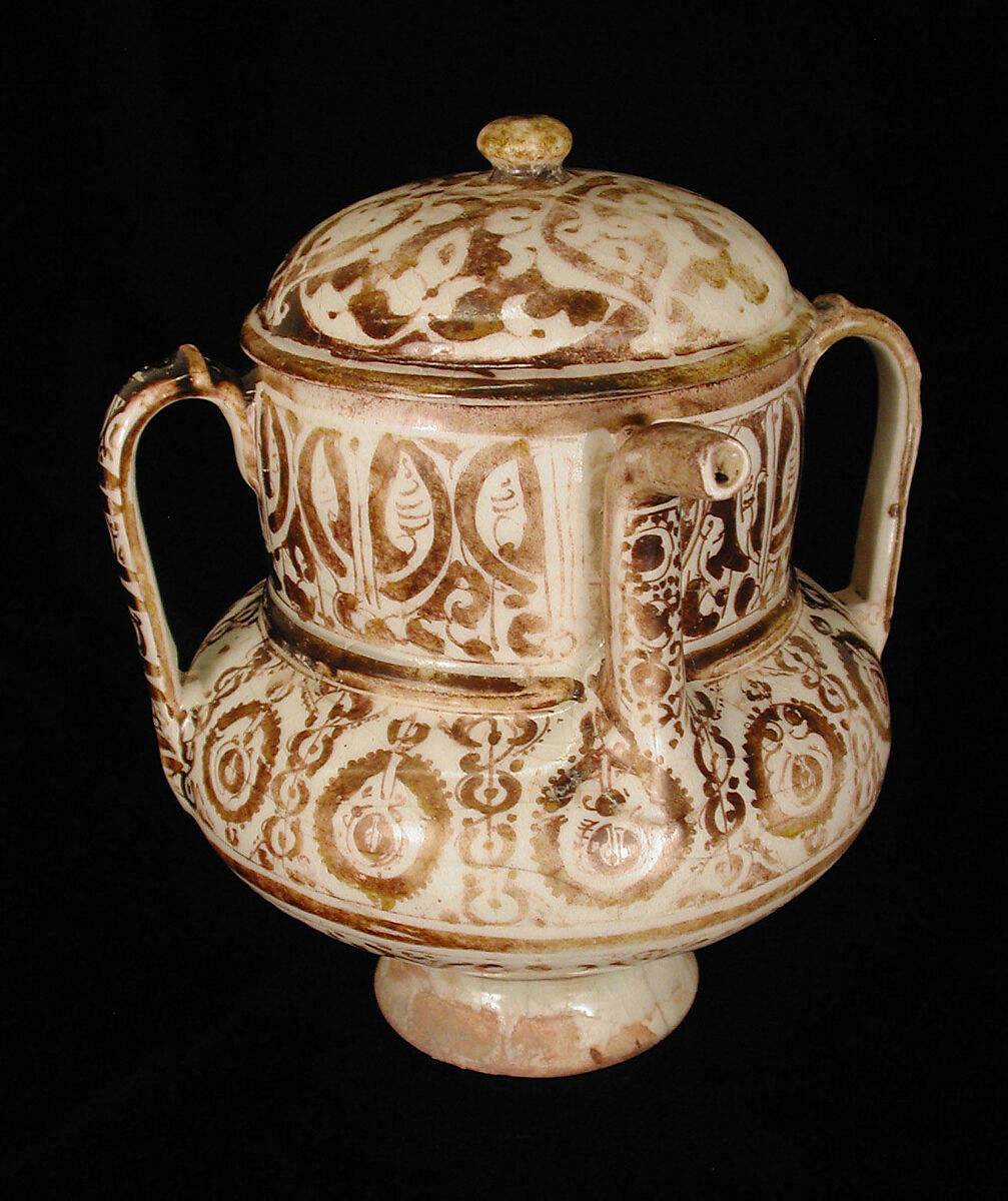 Two-Spouted Vessel with a Lid, Stonepaste; luster-painted on opaque white glaze