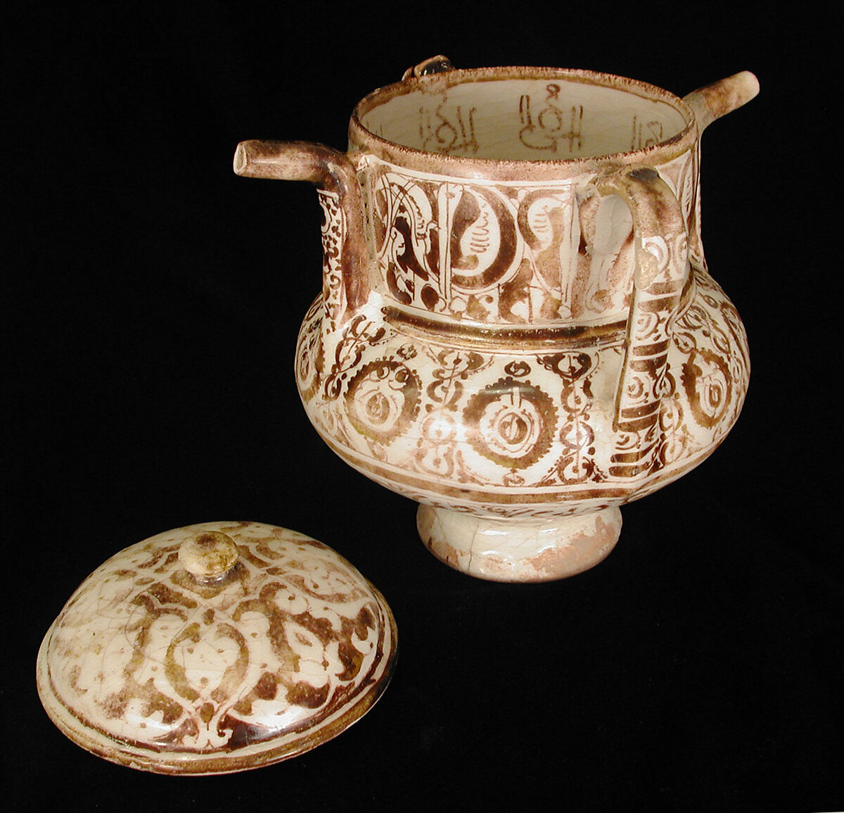Two-Spouted Vessel with a Lid, Stonepaste; luster-painted on opaque white glaze