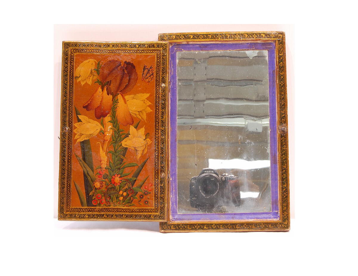 Mirror Case, Painting by Zain al-'Abidin (Iranian, active 1840–1875), Exterior: pasteboard, papier-maché; opaque watercolor, gilded and lacquered
Interior: mirror