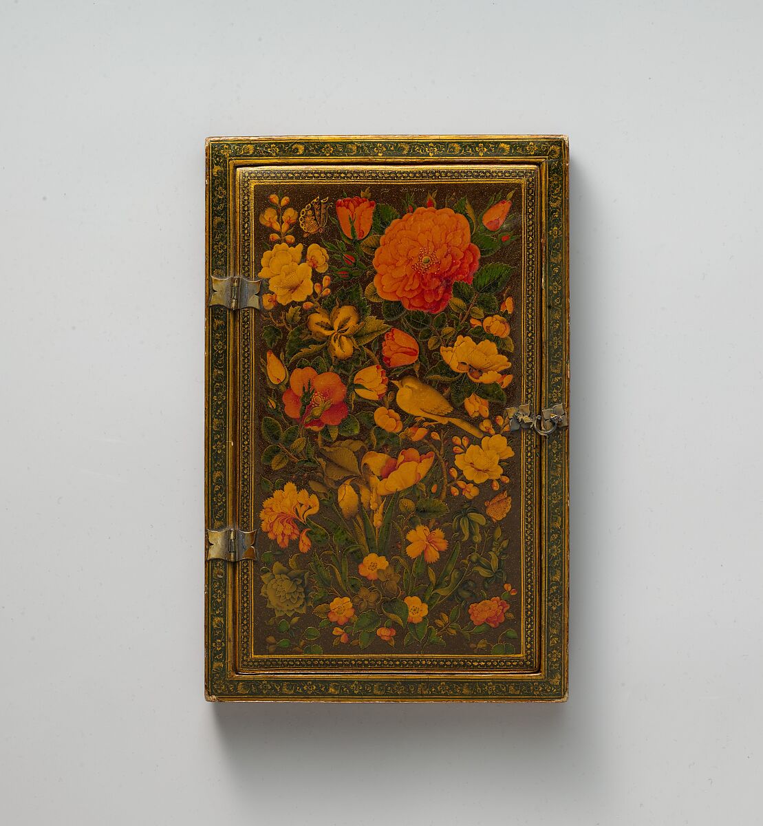 Mirror Case, Painting by Zain al-&#39;Abidin (Iranian, active 1840–1875), Exterior: pasteboard, papier-maché; opaque watercolor, gilded and lacquered
Interior: mirror 