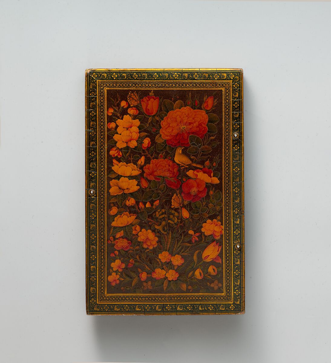 Mirror Case, Painting by Zain al-'Abidin (Iranian, active 1840–1875), Exterior: pasteboard, papier-maché; opaque watercolor, gilded and lacquered
Interior: mirror