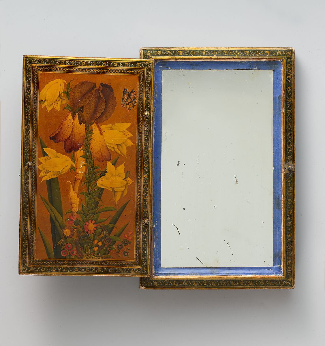 Mirror Case, Painting by Zain al-'Abidin (Iranian, active 1840–1875), Exterior: pasteboard, papier-maché; opaque watercolor, gilded and lacquered
Interior: mirror