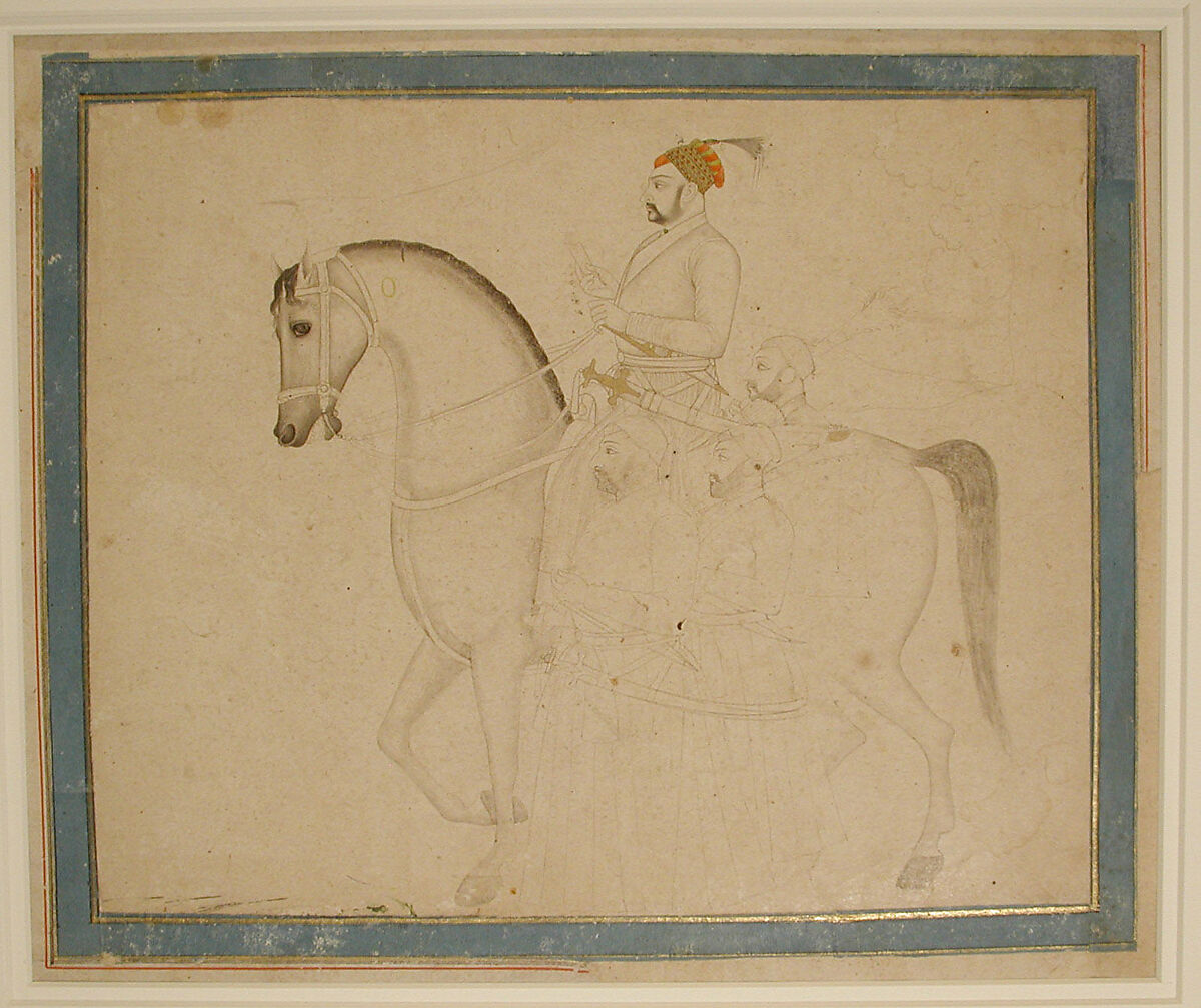Nawab Muzaffar 'Ali Khan on Horseback, Attributed to Rai Kalyan Das (Chitarman II) (Indian, active 1715–60), Ink, opaque watercolor, gold on paper