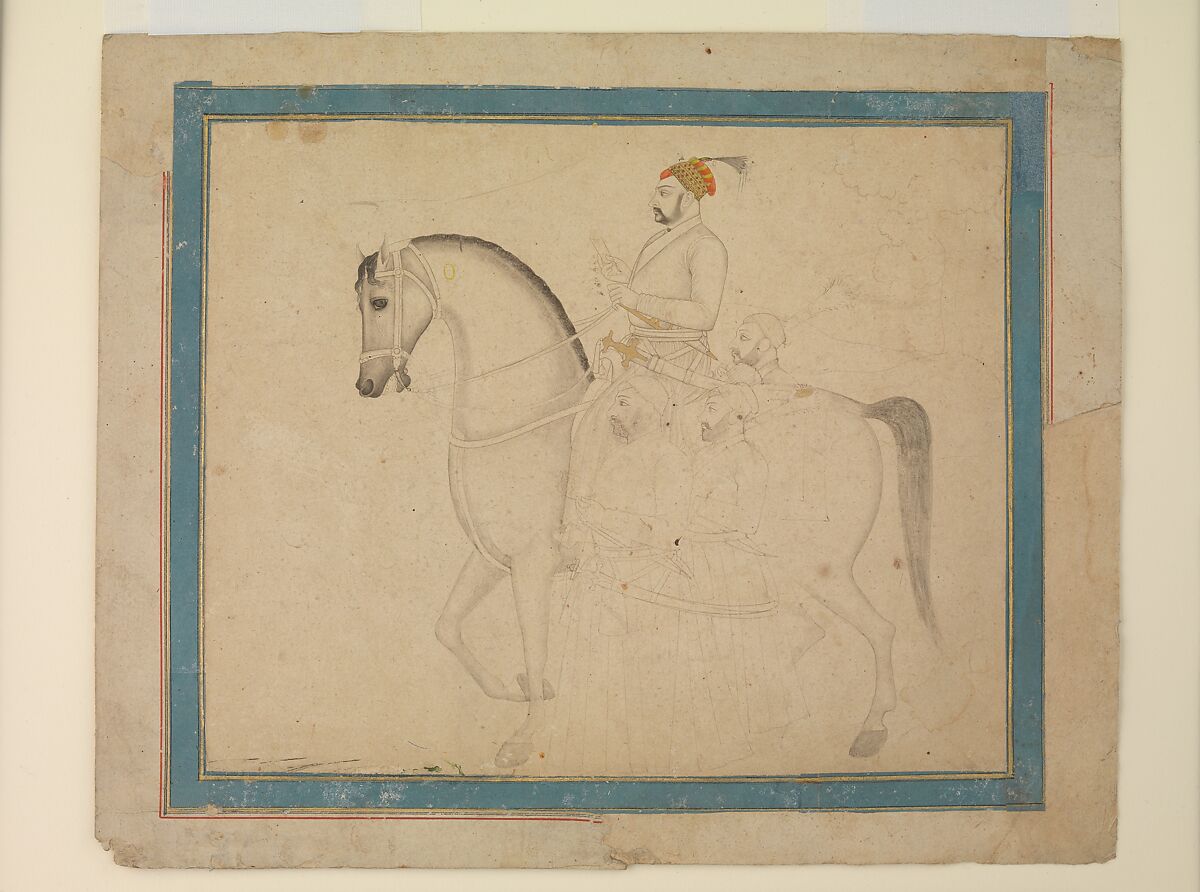 Nawab Muzaffar 'Ali Khan on Horseback, Attributed to Rai Kalyan Das (Chitarman II) (Indian, active 1715–60), Ink, opaque watercolor, gold on paper 