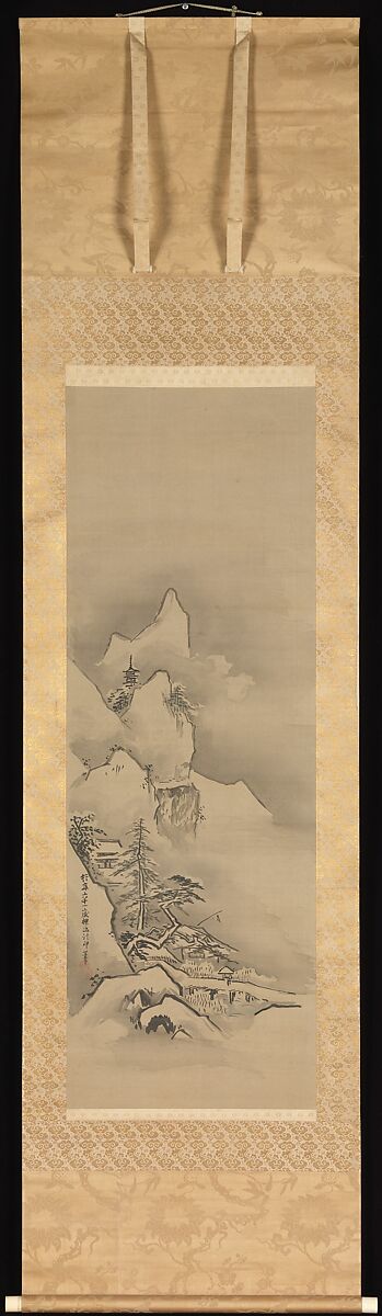 Winter Landscape, Kano Tan&#39;yū (Japanese, 1602–1674), One from a set of three hanging scrolls; ink and color on silk, Japan 