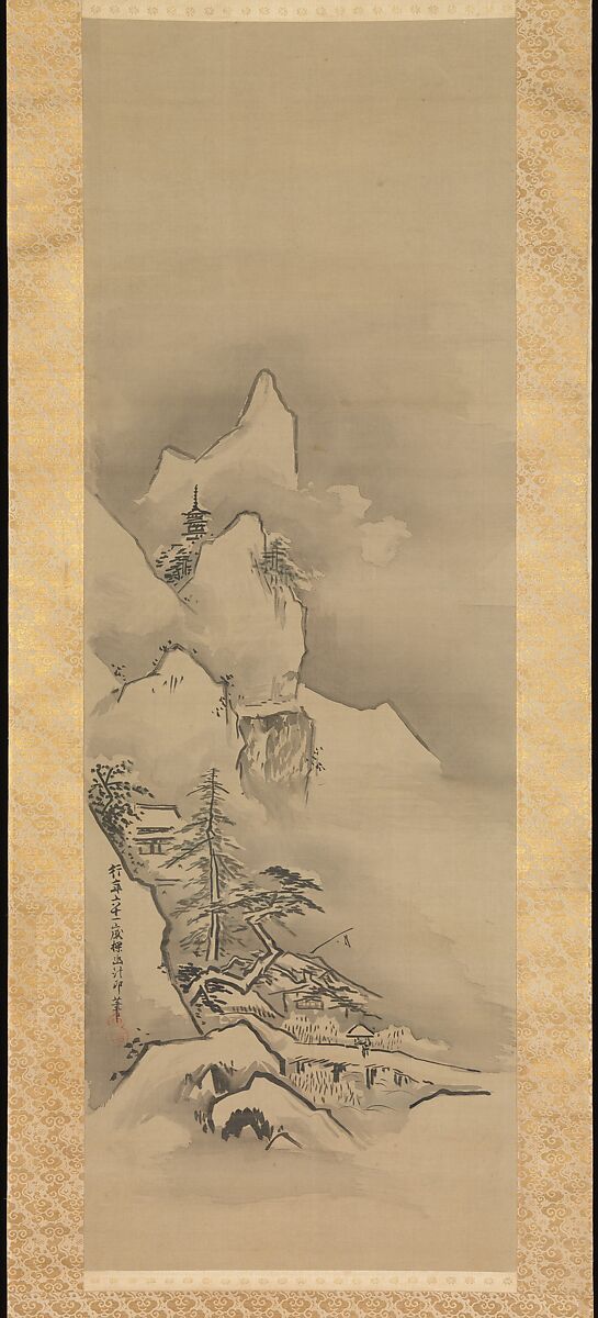 Winter Landscape, Kano Tan'yū (Japanese, 1602–1674), One from a set of three hanging scrolls; ink and color on silk, Japan