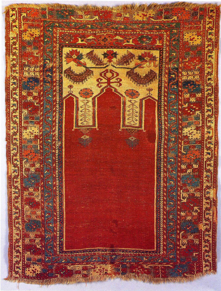 Prayer Rug with Triple Arch Design, Wool (warp, weft, and pile); symmetrically knotted pile 