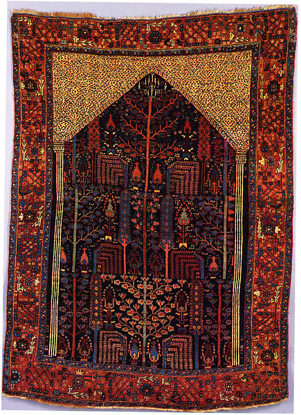 Bakhtiari Carpet with Prayer Rug Design, Wool (warp, weft, and pile); symmetrically knotted pile 