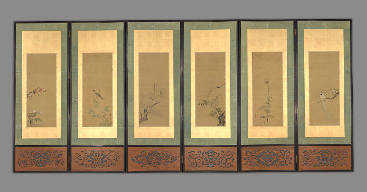 Birds and Flowers, Kano Tan&#39;yū (Japanese, 1602–1674), Six-panel folding screen; ink and color on silk, Japan 