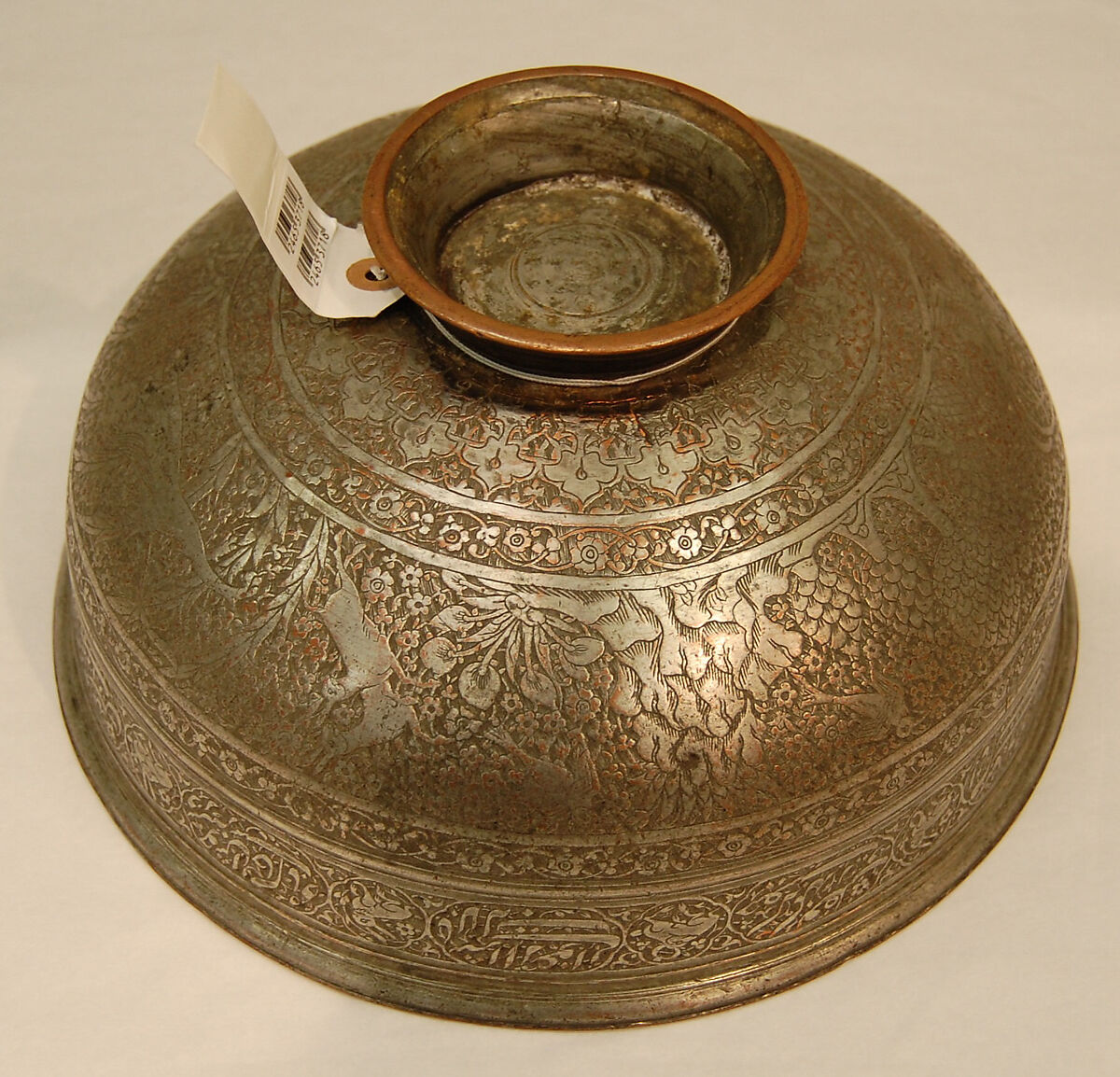Engraved Bowl, Copper; cast, engraved, tinned, and inlaid with a black compound