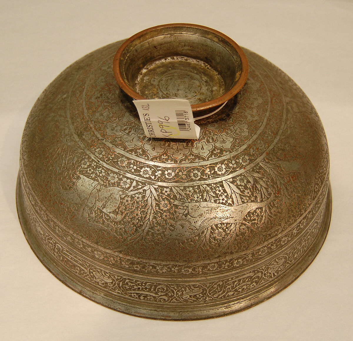 Engraved Bowl, Copper; cast, engraved, tinned, and inlaid with a black compound