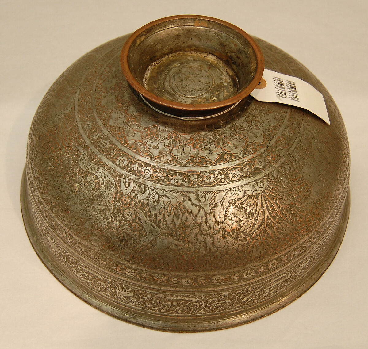 Engraved Bowl, Copper; cast, engraved, tinned, and inlaid with a black compound