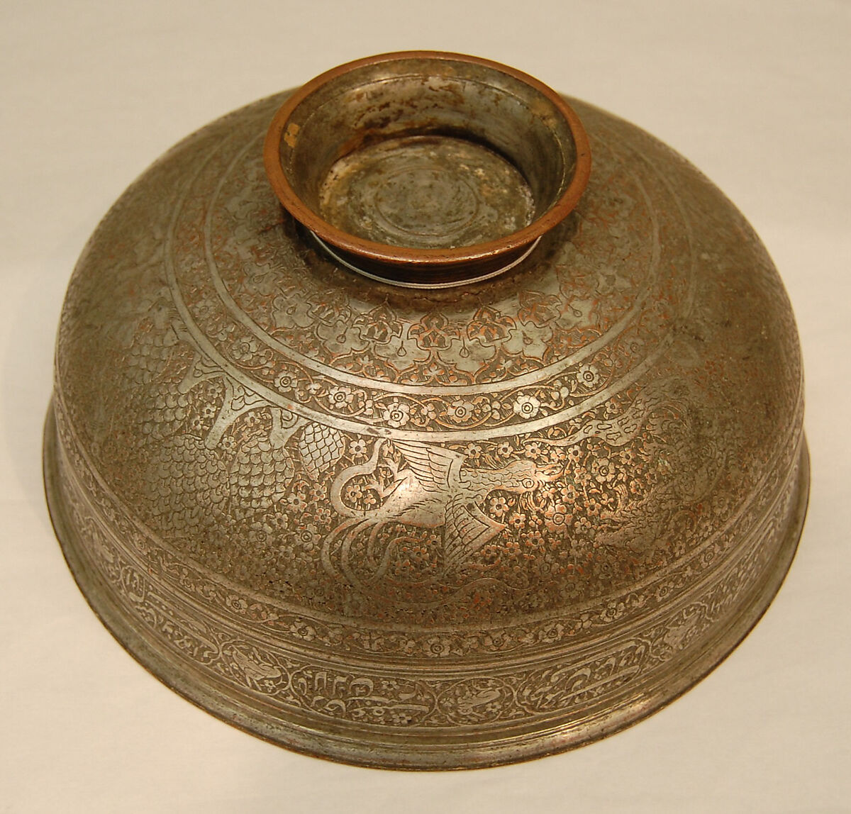 Engraved Bowl, Copper; cast, engraved, tinned, and inlaid with a black compound