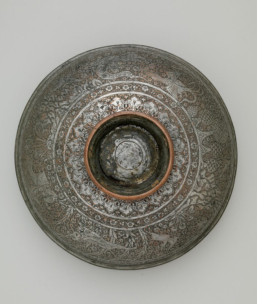 Engraved Bowl, Copper; cast, engraved, tinned, and inlaid with a black compound 