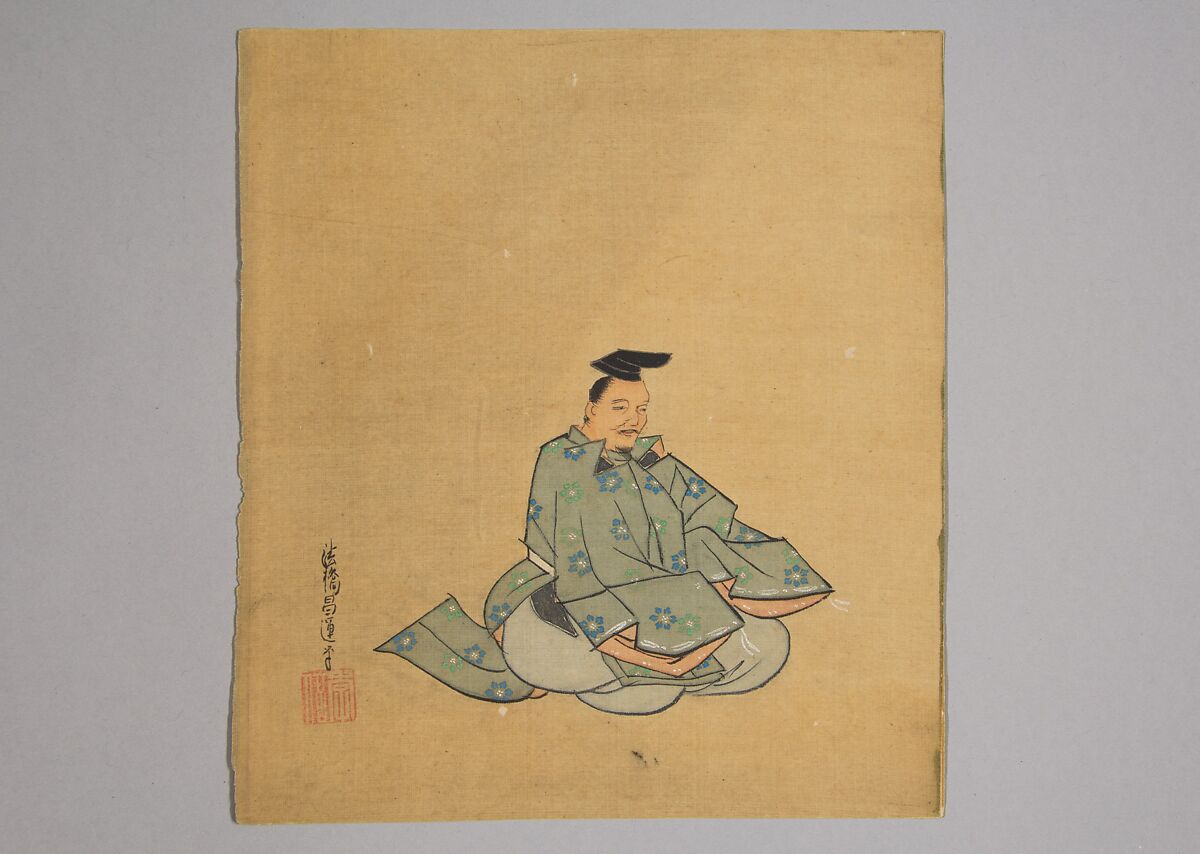 Immortal Poet, Kano Shōun (1637–1702), Unmounted shikisi leaf; ink and color on silk, Japan 