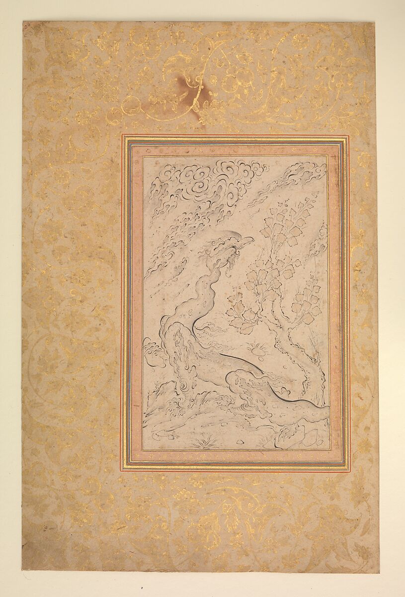 Dragon and Clouds, Attributed to Sadiqi Beg (Iranian, Tabriz 1533–1610 Isfahan), Ink and watercolor on paper 